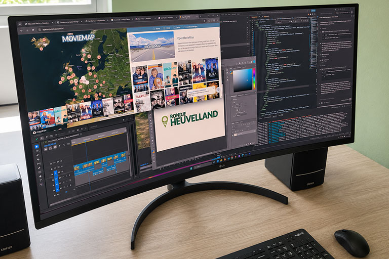 Ultrawide monitor met Open MovieMap, Rondje Heuvelland en videobewerking naast elkaar open